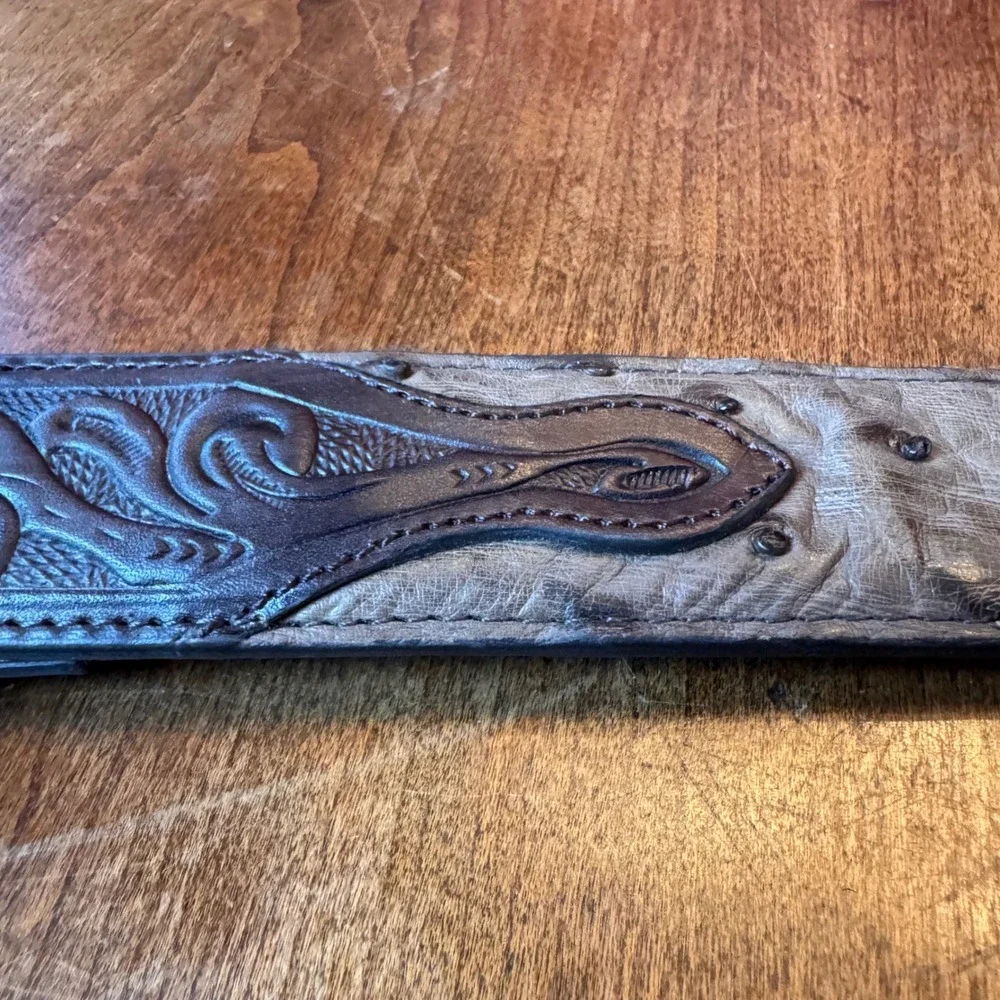 R Watson Belt Mens 40 Brown Kango Tobac Full‎ Quill Ostrich Tooled RWB2312